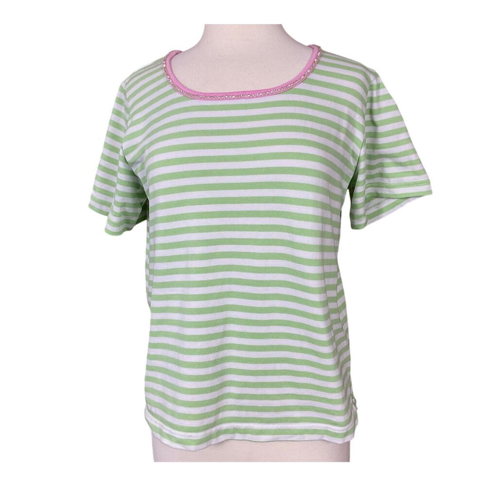 Quacker Factory Short Sleeve Green White Striped Scoop Rhinestone Neck VTG Tee